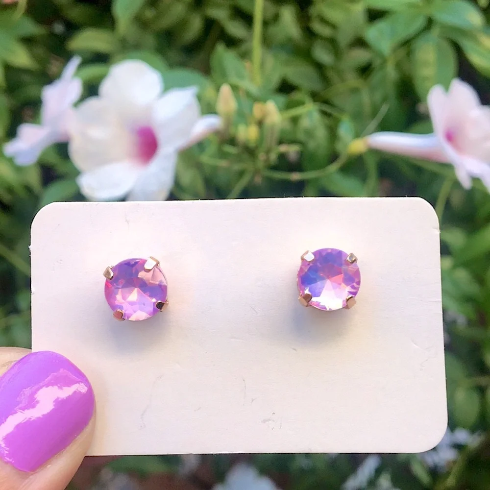 Pink-Purple Opal Aurora Borealis + Rose Gold Crystal Earrings